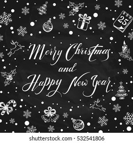 Merry Christmas and Happy New Year written in white chalk on a black chalkboard, holiday lettering with snowflakes and decorative elements, illustration.