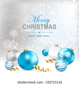 Merry Christmas and Happy New Year greeting illustration with  balls and snow. Vector illustration.