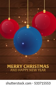 Merry Christmas and Happy New Year. Wooden background. Snowflakes. Christmas decorations. Vector illustration