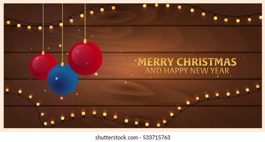 Merry Christmas and Happy New Year. Wooden background. Snowflakes. Christmas decorations. Vector illustration