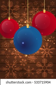 Merry Christmas and Happy New Year. Wooden background. Snowflakes. Christmas decorations. Vector illustration
