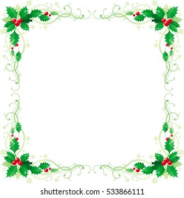 Merry Christmas And Happy New Year Square Corner Banner Frame Border With Holly Berry Leafs. Isolated On White Background. Abstract Poster, Greeting Card Design Template. Vector Illustration Eps