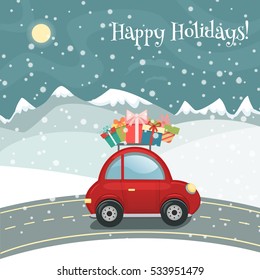 Merry Christmas or Happy New Year greeting card in cartoon style. Snowy landscape with mountains, hills and red retro car with gift boxes. Holiday background, invitation. Vector illustration