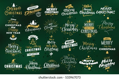 Merry Christmas and Happy New Year 2017 typographic emblems set. logo, text design. Usable for banners, greeting cards, gifts etc. 