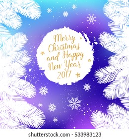 Merry Christmas and Happy New Year 2017 greeting card. Vector winter holiday shine blurred background with starburst, hand lettering calligraphic, snowflakes, trees, falling snow.