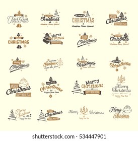Merry Christmas and Happy New Year signs set. With snowflakes, Christmas trees and ribbons