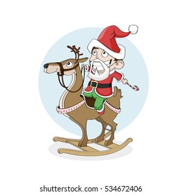 Merry Christmas and Happy New Year concept. Little boy as santa ride wooden reindeer. Great for greeting cards, postcards, banners and backgrounds