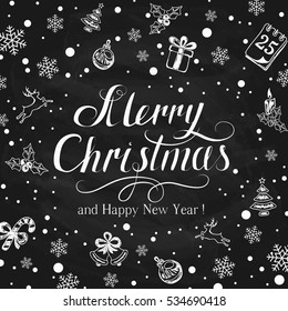Merry Christmas and Happy New Year written in white chalk on a black chalkboard, holiday greetings with snowflakes and decorative elements, illustration.