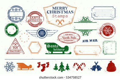 Merry Christmas and Happy New Year stamps set. Colourful bright vector illustration. Toy factory. Santa approved. North pole. Postal set. Removed texture background.