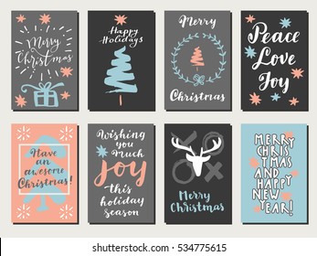 Merry Christmas  Happy New Year  Peace Love Joy  Wishing You Much Joy This Holiday Season  Vintage hand drawn greeting cards  gift tags  postcards  posters  Calligraphic artwork vector illustration