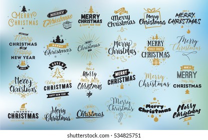 Merry Christmas and Happy New Year 2017 typographic emblems set. logo, text design. Usable for banners, greeting cards, gifts etc. 