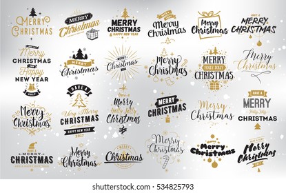 Merry Christmas and Happy New Year 2017 typographic emblems set. logo, text design. Usable for banners, greeting cards, gifts etc. 