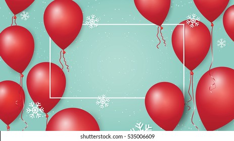 Merry Christmas and Happy New Year 2017 banner with red balloons and snowflakes on pastel background. Copy space for your text. Vector Illustration.