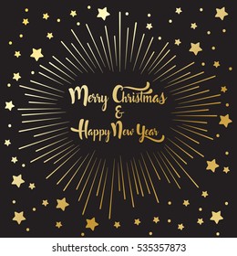 Merry Christmas and a Happy New Year. Holiday Vector Illustration. Lettering Composition With snowflakes and starburst
