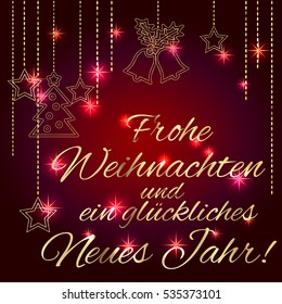 Merry Christmas and Happy New Year. Card template with greetings in german language. Luxury style gold elements on a red background. Vector EPS 10