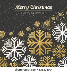 Merry Christmas and Happy New Year gold glitter design. Vector golden glittering snow, snowflakes on black background