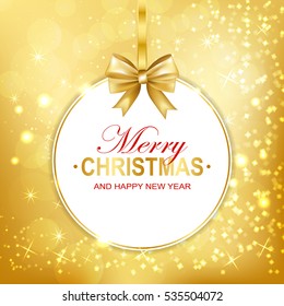 Merry Christmas and Happy New Year round banner with gold bow. Vector illustration.