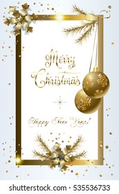 Merry Christmas and Happy New Year greeting card with glitter balls, fir tree, fall snow, sparkle, gold snowflakes, confetti. Christmas decoration light effect. Vector card. Winter Holiday frame 2022