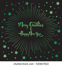 Merry Christmas and Happy New Year. Holiday Vector Illustration. Lettering Composition With snowflakes and starburst