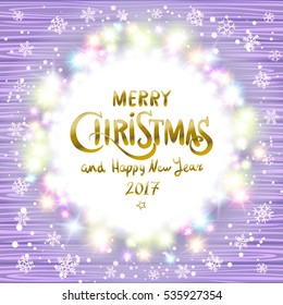 Merry Christmas and Happy New Year 2017. Glowing Christmas wreath made of led lights on the violet wooden background.  art
