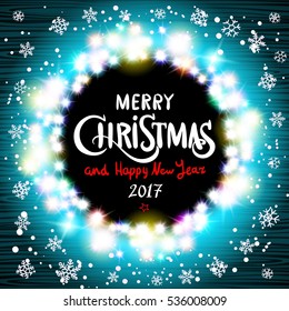 Merry Christmas and Happy New Year 2017 realistic ultra blue colorful light garlands like round frame on a transparent background, vector. Vector vintage retro label on blurred background