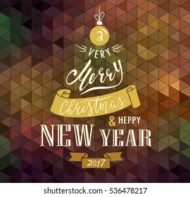 Merry Christmas and Happy New Year. Lettering. Vector Abstract Geometric Background