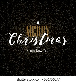 merry christmas and happy new year greeting card with golden confetti glitters