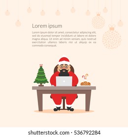 Merry Christmas and Happy New Year decorated workplace office. Cute cartoon character businessman asian Santa Claus. Christmas illustration. Xmas tree. Flat design vector.