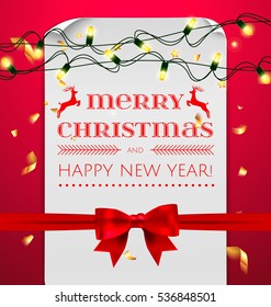 Merry Christmas and Happy New Year, greeting card template. White, curved, paper banner isolated on red decoration holidays background with christmas tree, light garland, gold jingle bells Vector