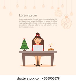 Merry Christmas and Happy New Year decorated workplace office. Christmas illustration. Xmas tree. Cute cartoon character businesswoman. Flat design vector.