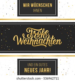 Merry Christmas and Happy New Year golden german text in frame. Frohe Weihnachten hand lettering on vintage vector greeting card for winter holidays.