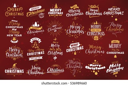 Merry Christmas and Happy New Year 2017 typographic emblems set. logo, text design. Usable for banners, greeting cards, gifts etc. 