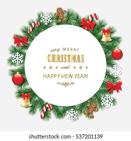 Merry Christmas and Happy New Year. Can be used for greeting cards and banners. Decorative frame with text. Traditional red and gold colors.