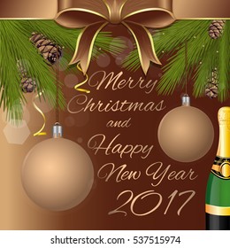 Merry Christmas and Happy New Year 2014. Greeting card with gold ribbon, bottle of champagne, Christmas balls and fir branches. Vector illustration