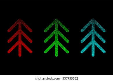 Merry Christmas and Happy New Year. three Christmas trees. red, green, blue. stipple effect. black background. vector