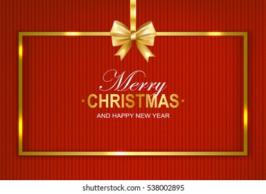 Merry Christmas and Happy New Year frame with gold bow on knitted texture background.
Vector illustration.