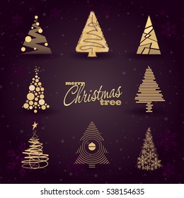 Merry Christmas and happy new year tree and fir set gold, bronze