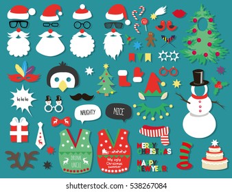 Merry Christmas and Happy New Year Photo Booth Props set  with Santa hat, beard, elf, hat, tree, ugly sweaters, scarf, snowman, glass, mustache