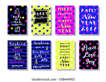 Merry Christmas and Happy New Year hand colorful drawn modern calligraphic cards in vector