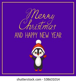 Merry Christmas and happy new year greeting card. Cute penguin in a red Santa hat.