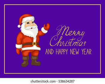 Merry Christmas and happy new year greeting card. Santa Claus on a purple background.