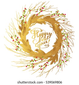 Merry Christmas and Happy New Year greeting card design. Cute gold color  illustration. Isolated background with New Year`s golden design element. Hand drawn flat style picture