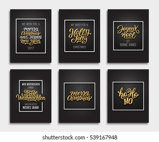 Merry Christmas and Happy New Year 2017 greetings. Vector luxury style gift cards design with golden text on black background. Hand letteting for winter holidays season