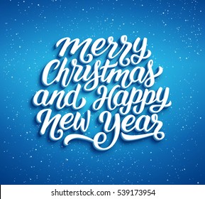 Merry Christmas and Happy New Year lettering on blue blurry vector background with sparkles. Greeting card design template with 3D typography text label