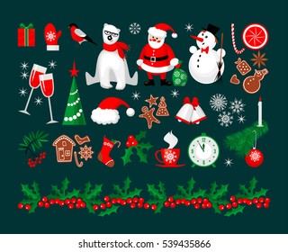 Merry Christmas and Happy New Year icon and holly berry border collection in modern flat style. Xmas set for your holiday design. Vector Merry Christmas illustration