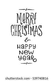 Merry Christmas Happy New Year Retro Vector Poster. Black and White Monochrome Design. Ink Hand Drawn Calligraphy Template for Winter Holidays
