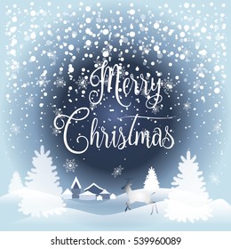 Merry Christmas and Happy New Year 2023 wallpaper. Greeting card with fir tree, reindeer, deer, city, falling snowflakes, realistic snowfall and decorative elements. Victorian Winter Holiday Vector 1