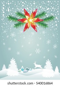 Merry Christmas Happy New Year Greeting card background with wreath fir tree, reindeer, city, falling snowflakes realistic snowfall decorative elements. Victorian art Winter holiday Vector frame blank