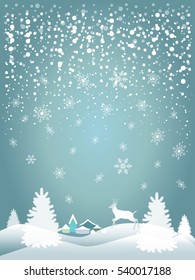 Merry Christmas and Happy New Year Greeting card background with fir tree, reindeer, deer, city, falling snowflakes realistic snowfall decorative elements. Victorian Winter holiday Vector frame 2023