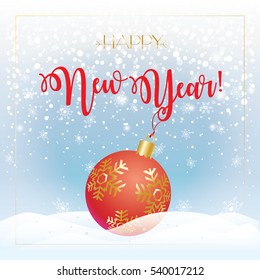 Merry Christmas and Happy New Year 2022 Greeting card background with red Christmas ball, falling snowflakes, realistic snowfall decorative elements. Victorian Winter holiday. Vector sign template